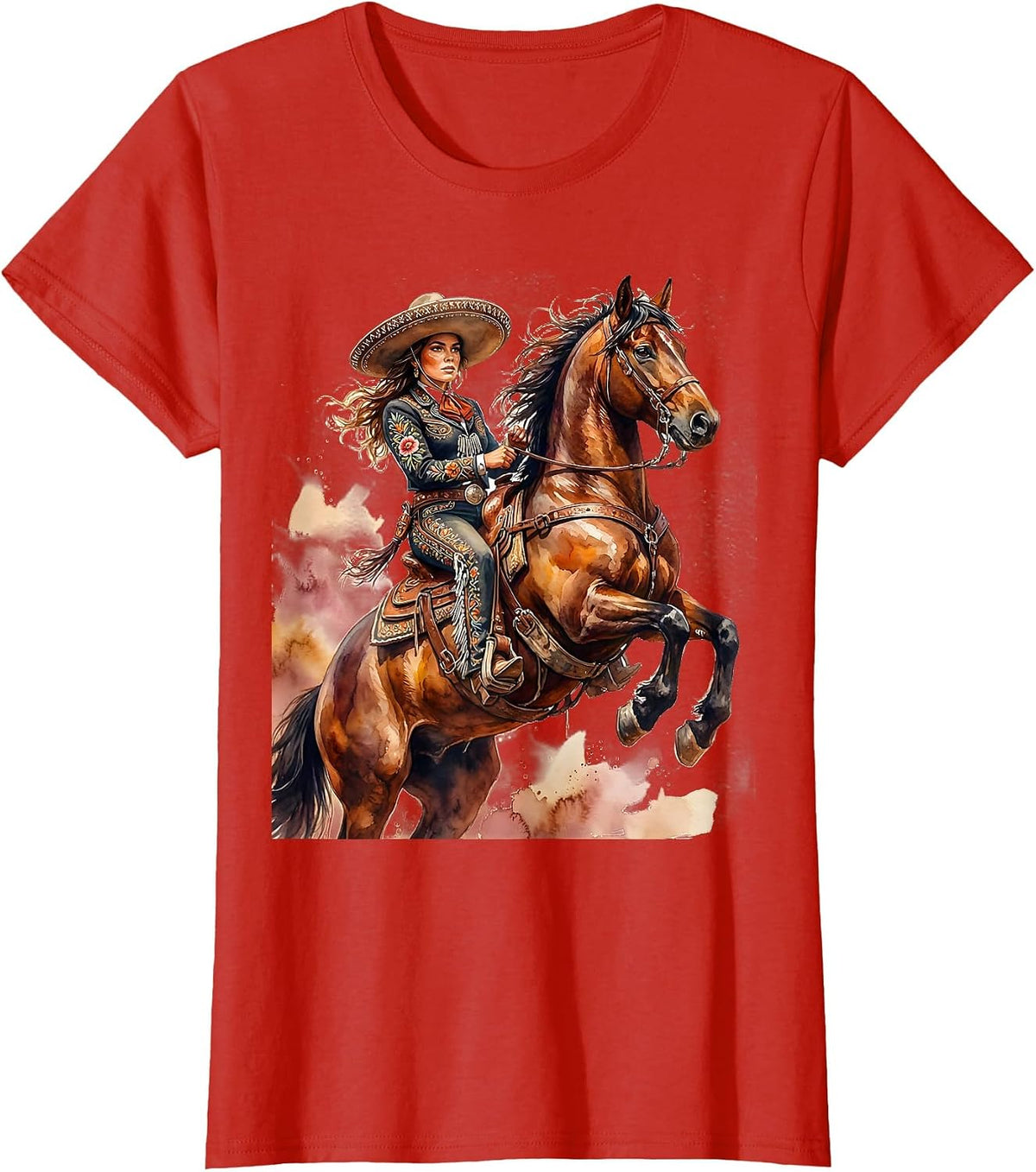 Charra Cowgirl Rearing Stallion Mexico Equestrian T-Shirt - Red