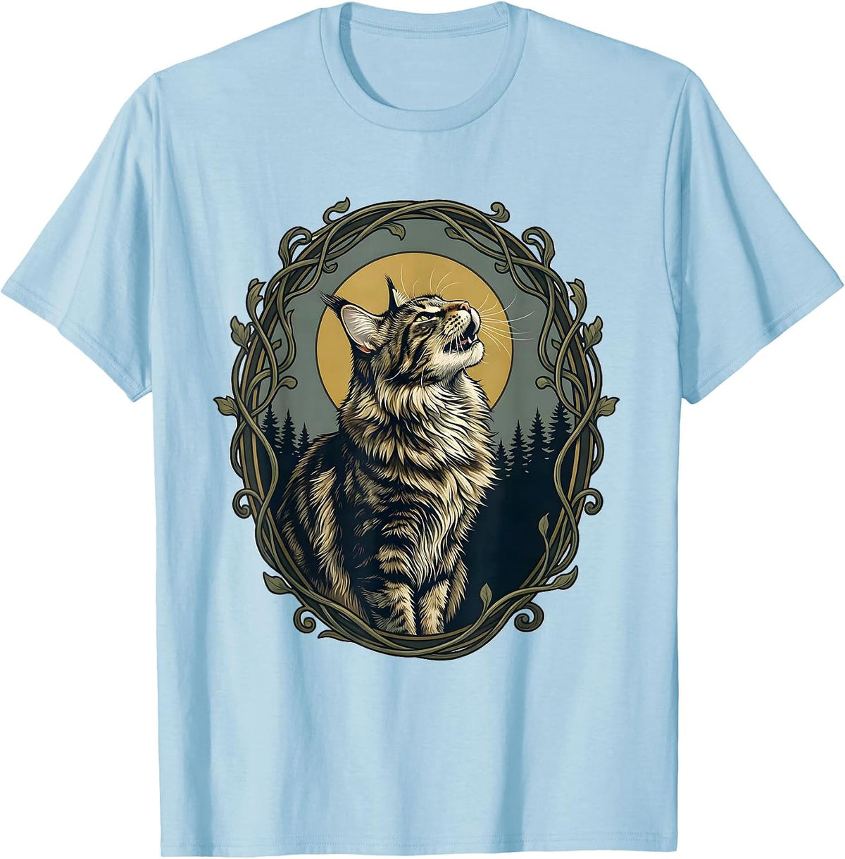 Men's Maine Coon Cat Howling at Moon Art Nouveau Whimsical T-Shirt - Baby Blue