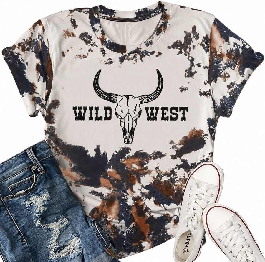 T&Twenties Women's Let's Go Girls Shirt Bleached Western Cow Skull T-Shirt Cowgirl Country Music Tee Casual Short Sleeve