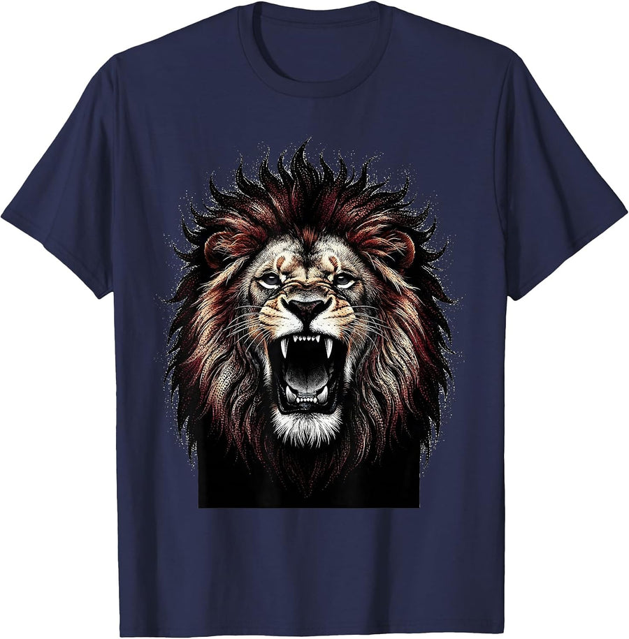 Flaming Mane Roaring Lion Heavy Metal Design T-Shirt - Navy Blue