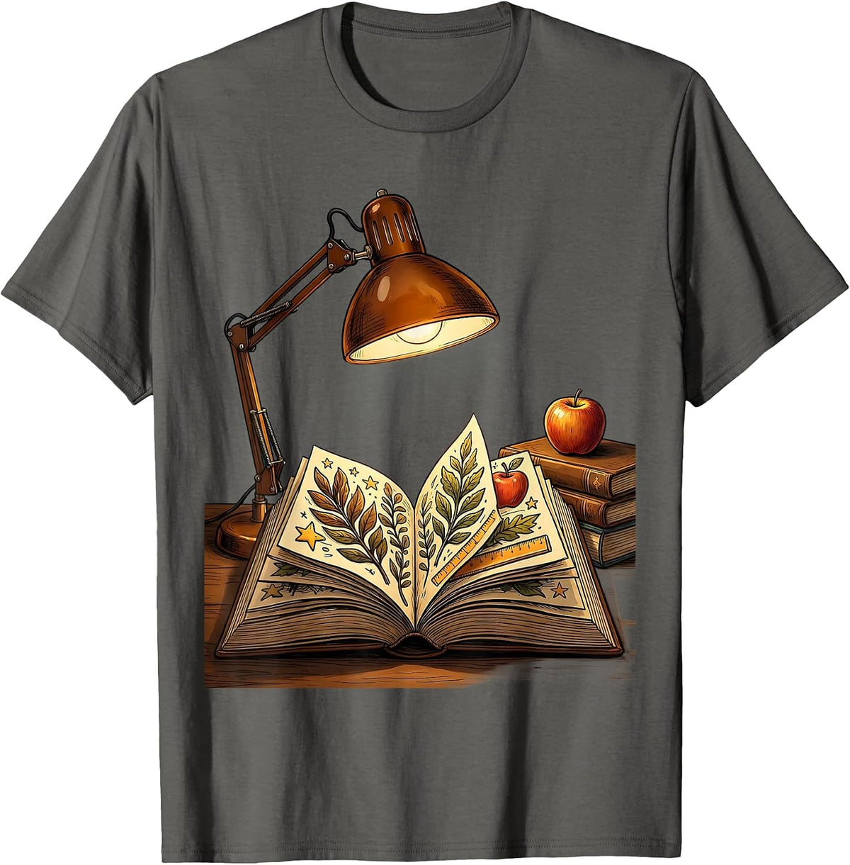 Reading Teacher Desk Lamp Open Book Illustration T-Shirt - Asphalt Grey