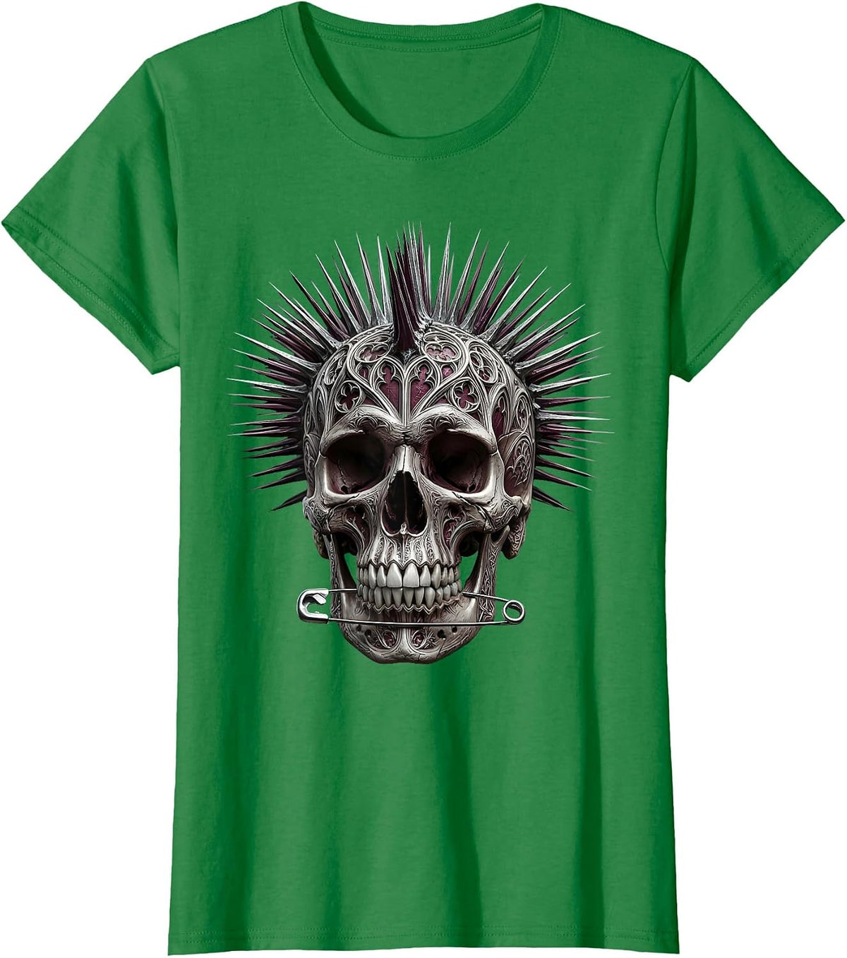 Punk Mohawk Skull Safety Pin Earring Design T-Shirt - Kelly Green