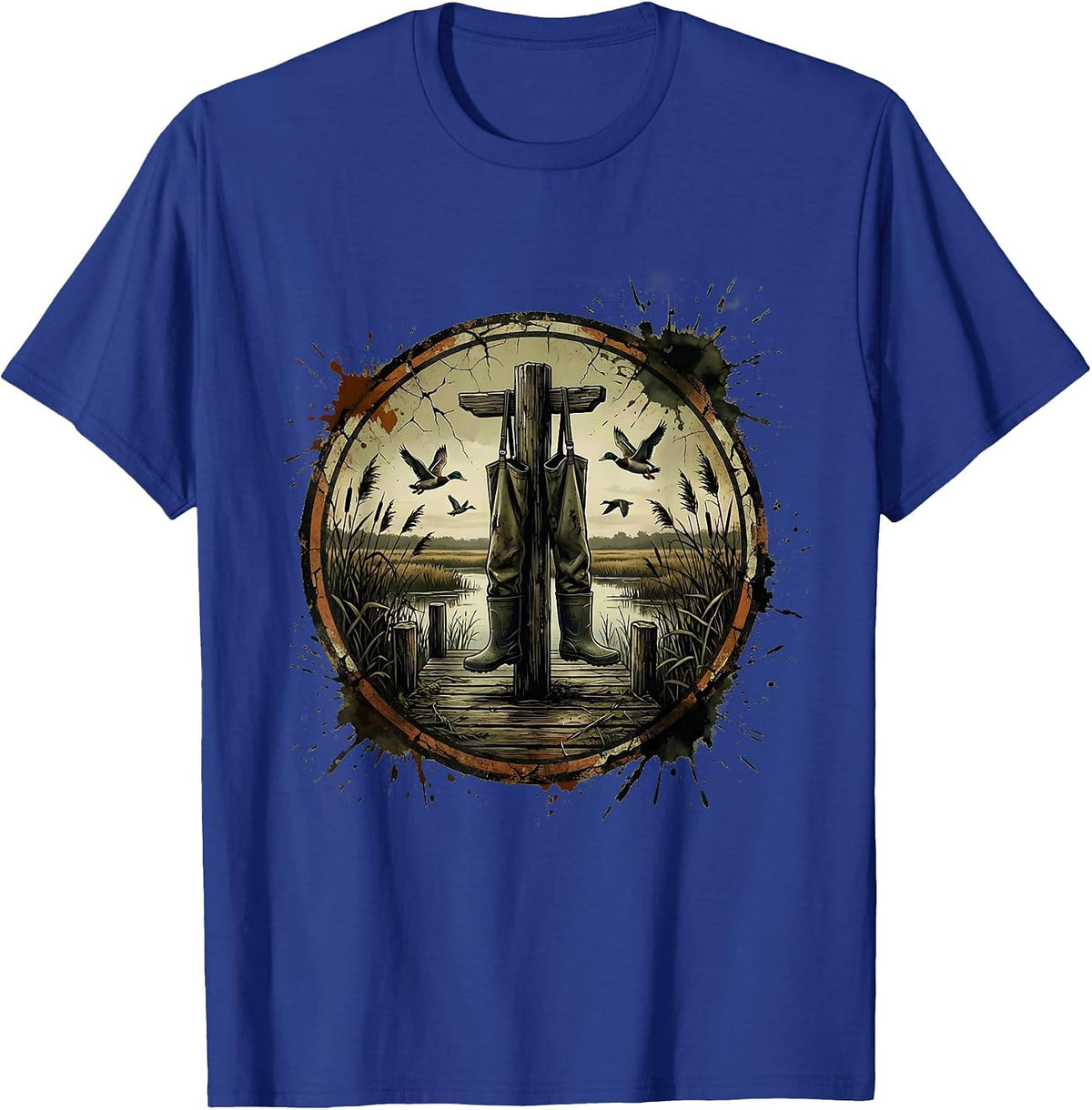 Duck Camo Waders on Weathered Dock Illustration T-Shirt - Royal Blue