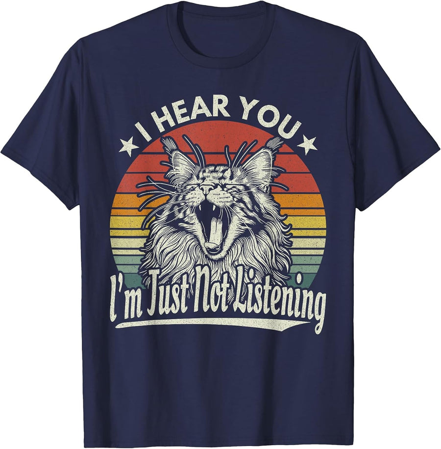 Cute Yawn Maine Coon I Hear You I'm Just Not Listening Retro T-Shirt - Navy Blue