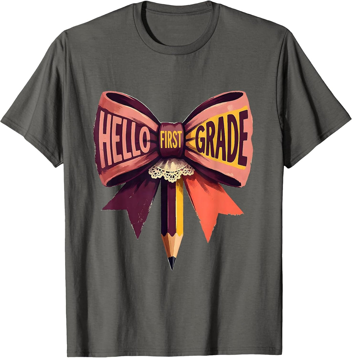 Hello First Grade Cute Coquette Bow Back To School Gift T-Shirt - Asphalt Grey