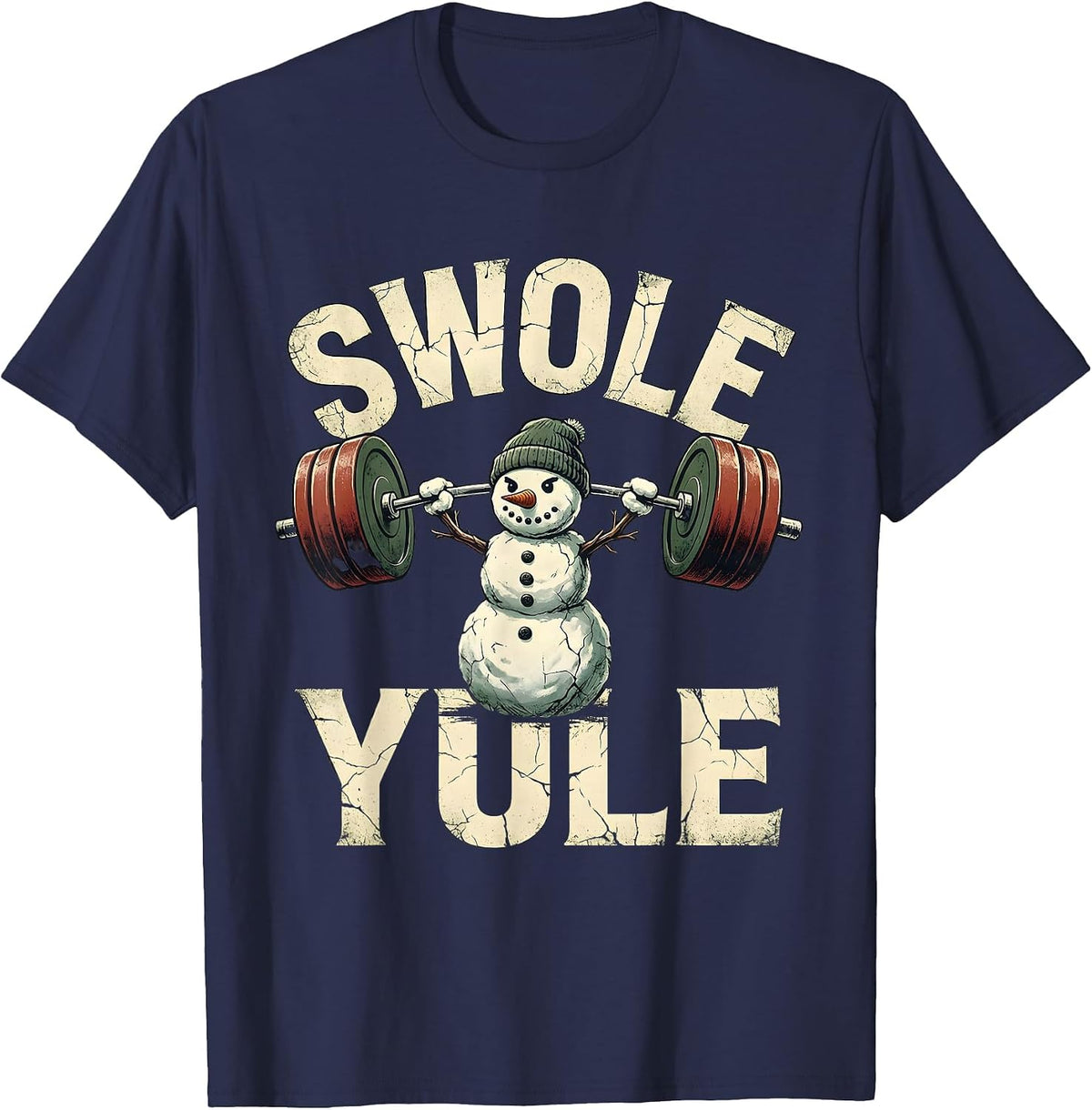 Men's Swole Yule Distressed Funny Christmas Weightlifting Gym T-Shirt - Navy Blue