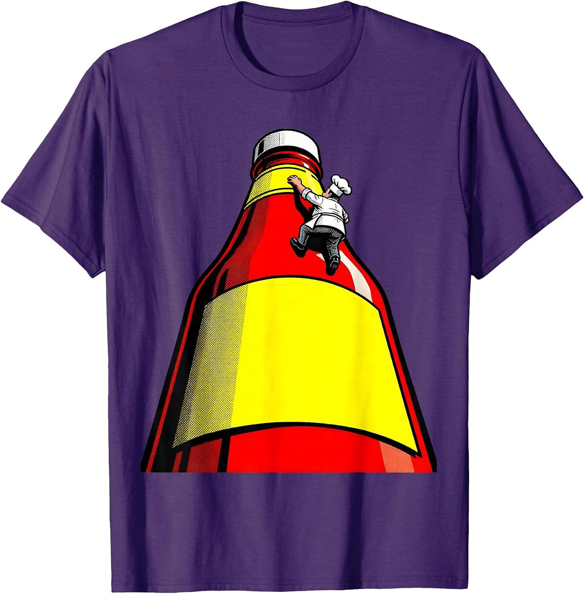 Tiny Chef Climbing Giant Ketchup Bottle T-Shirt - Purple