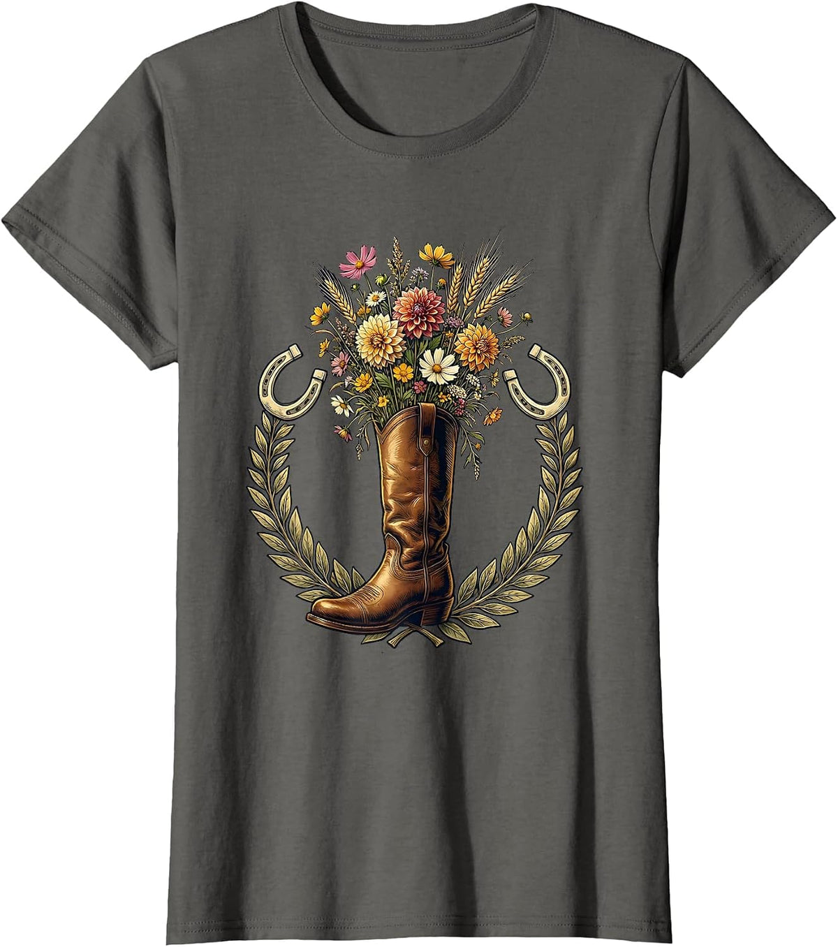 Women's Derby Floral Riding Boot Fall Fashion Graphic T-Shirt - Asphalt Grey