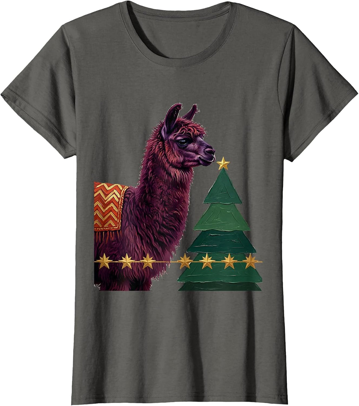 Women's Llama Christmas Broad Side-Profile Animal Lover Holiday T-Shirt - Asphalt Grey