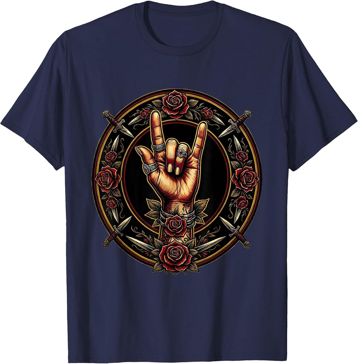 Rock On Devil Horns Hand Sign Illustration T-Shirt - Navy Blue