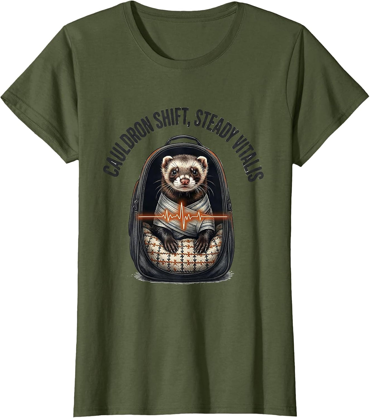 Women's Cauldron Shift Steady Vitals Funny Vet Tech Veterinary T-Shirt - Olive Green