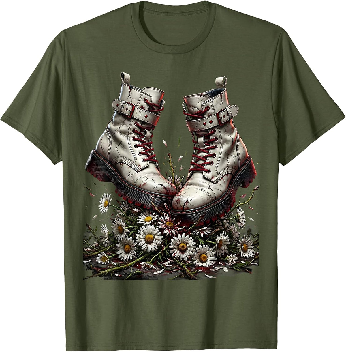 Emo Boots Stomping Daisies Graphic Design T-Shirt - Olive Green