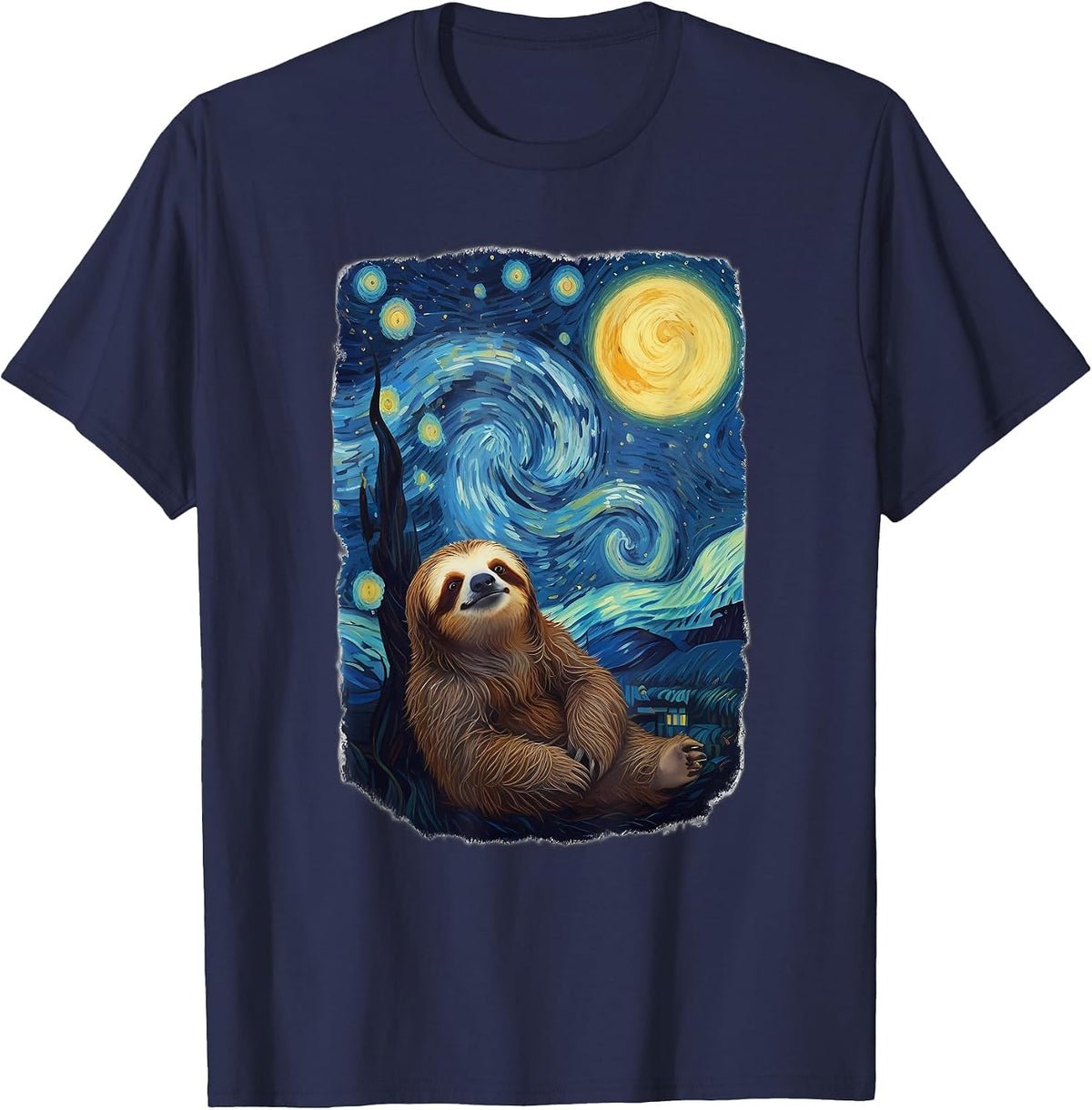 Sloth Van Gogh Style Starry Night T-Shirt - Navy Blue