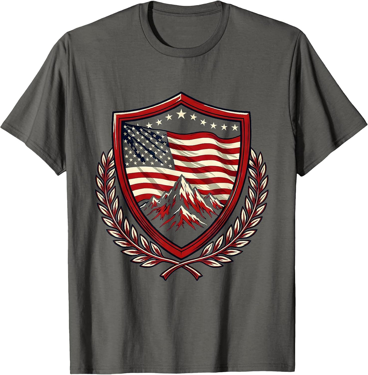 Stars and Stripes Mountain Flag Patriotic Design T-Shirt - Asphalt Grey