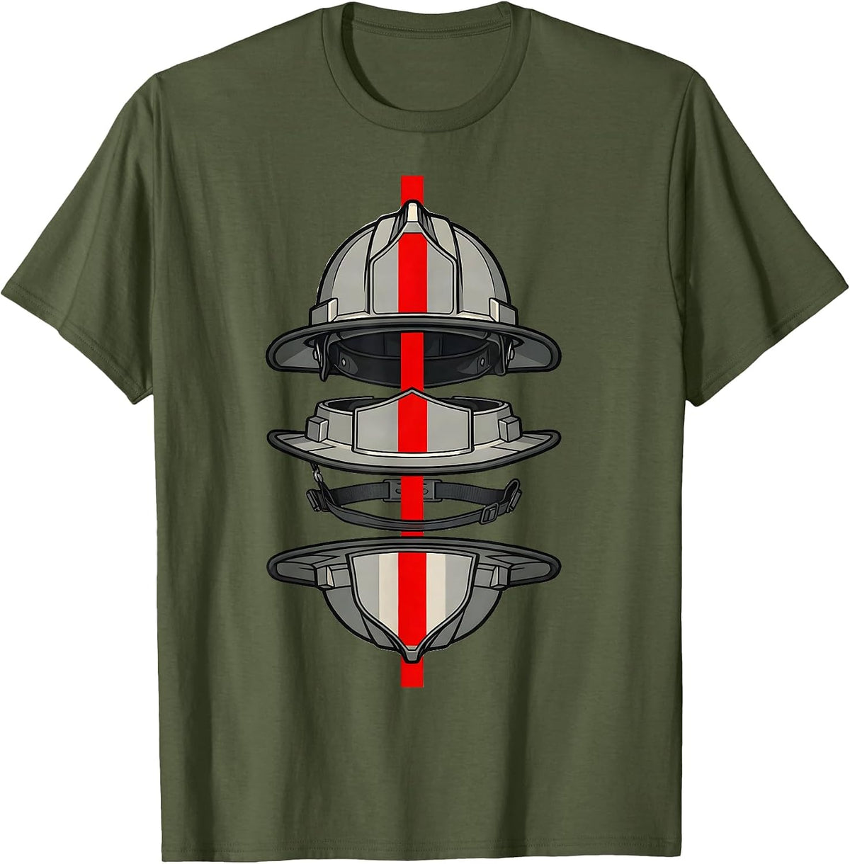 Exploded Turnout Helmet Firefighter Tribute Gift T-Shirt - Olive Green