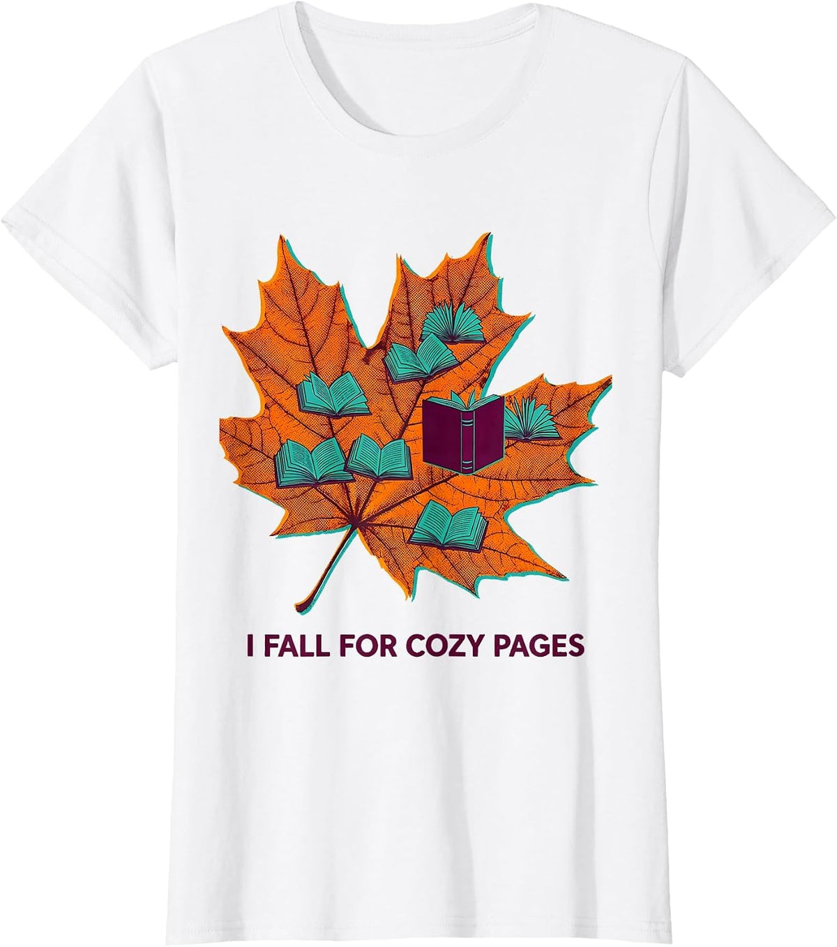 I Fall For Cozy Pages Risograph Fall Reading Teacher Autumn T-Shirt - White