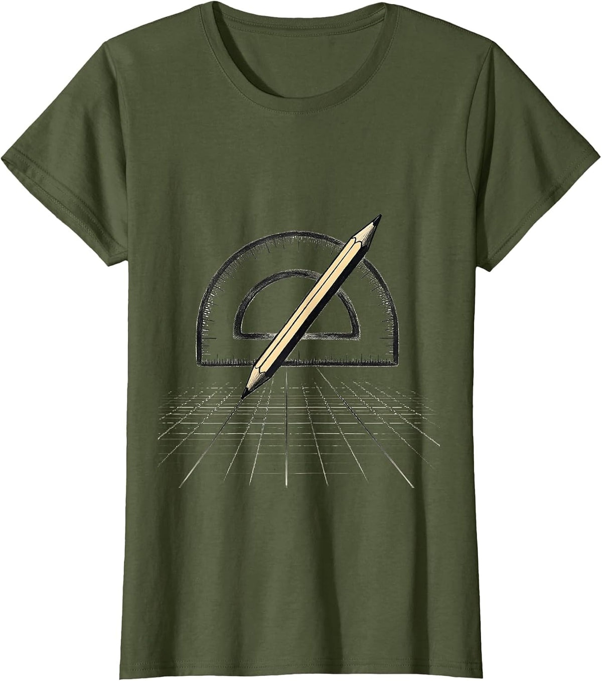 Women's Teacher Math Geometry Protractor Pencil Graph Design T-Shirt - Olive Green