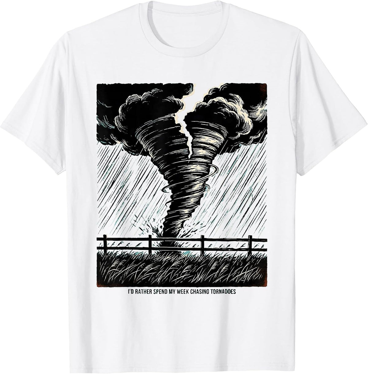 Men's I'd Rather Spend My Week Chasing Tornadoes Linocut T-Shirt - White