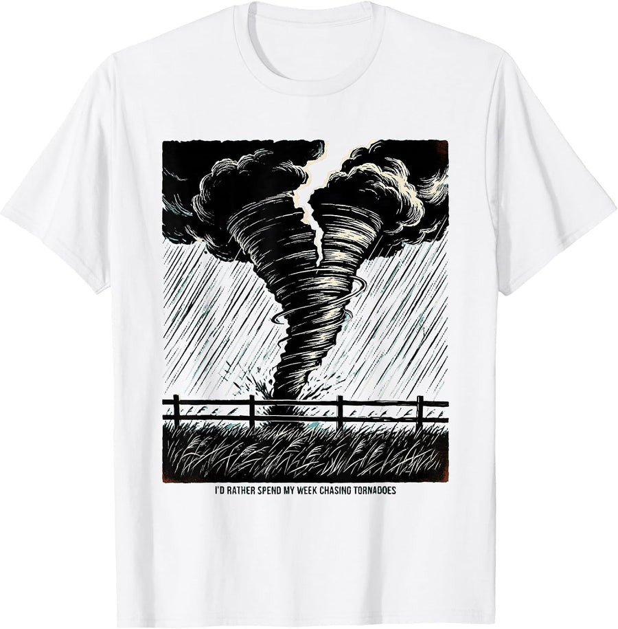 Men's I'd Rather Spend My Week Chasing Tornadoes Linocut T-Shirt - White