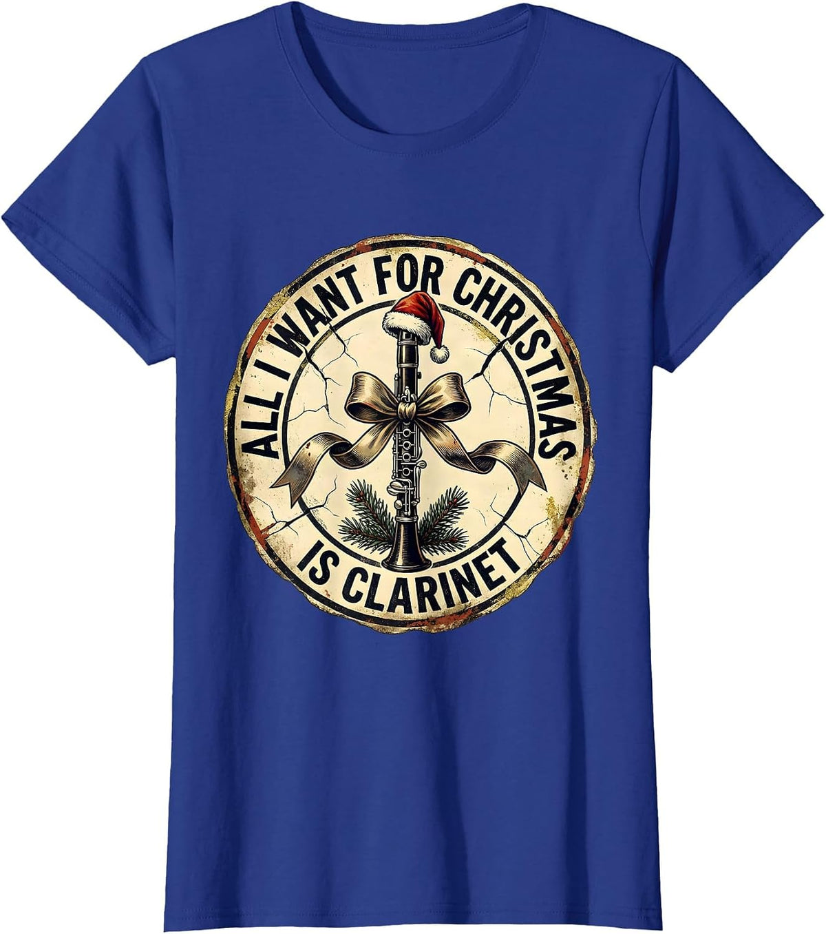 Women's All I Want For Christmas Is Clarinet Distressed Musician T-Shirt - Royal Blue
