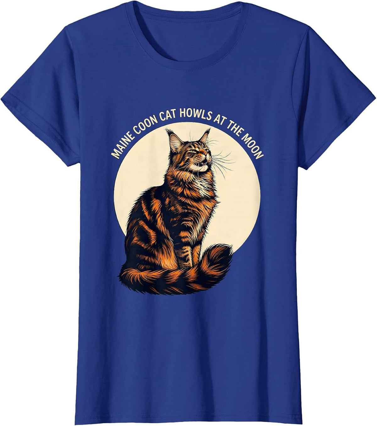 Women's Maine Coon Cat Howls at the Moon Funny Retro Novelty T-Shirt - Royal Blue