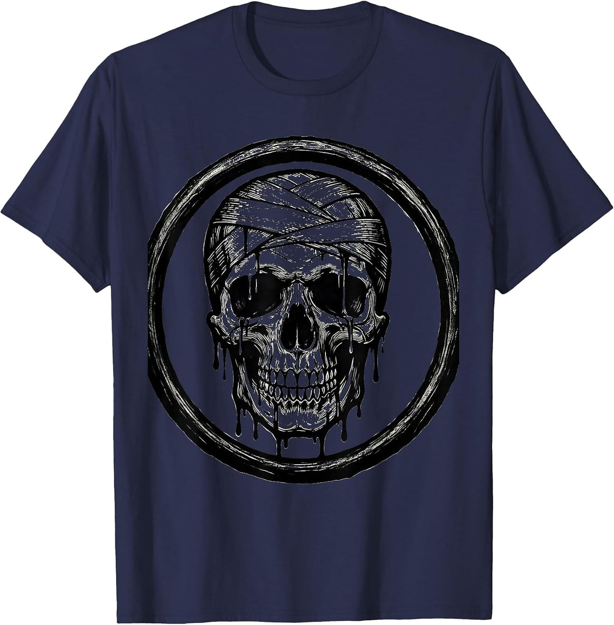 Smiling Skull Bandaged Dripping Wounds Graphic T-Shirt - Navy Blue