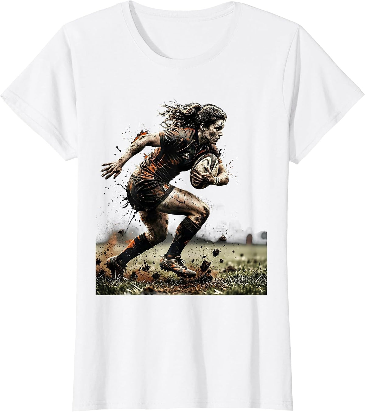 Rugby Player Charging With Ball Graphic T-Shirt - White