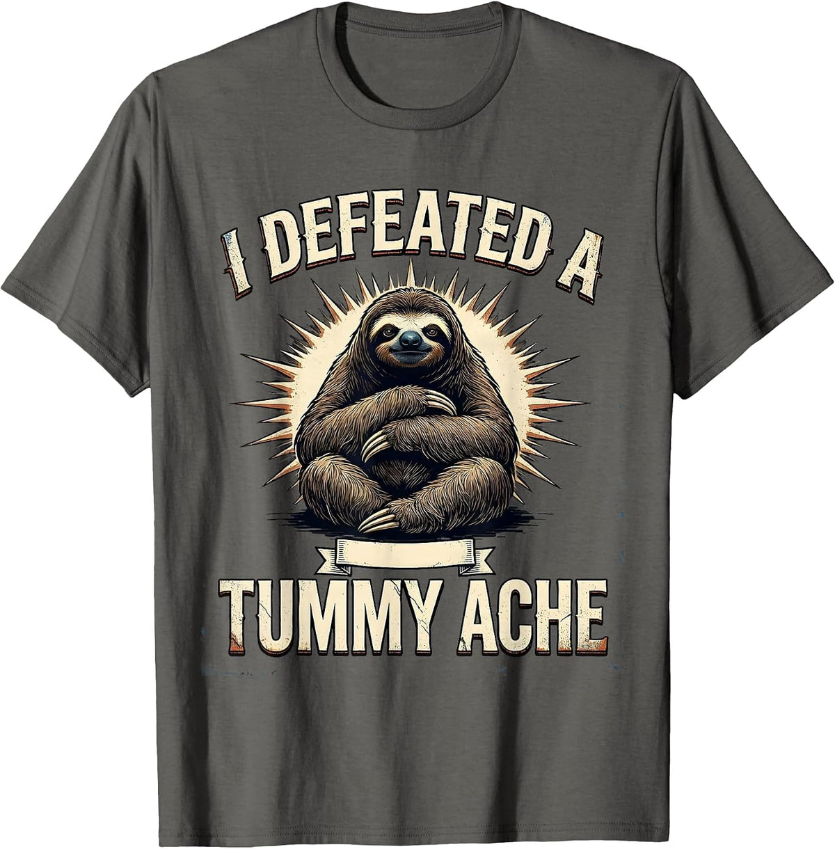 I Defeated A Tummy Ache Distressed Sloth Meme Humor T-Shirt - Asphalt Grey