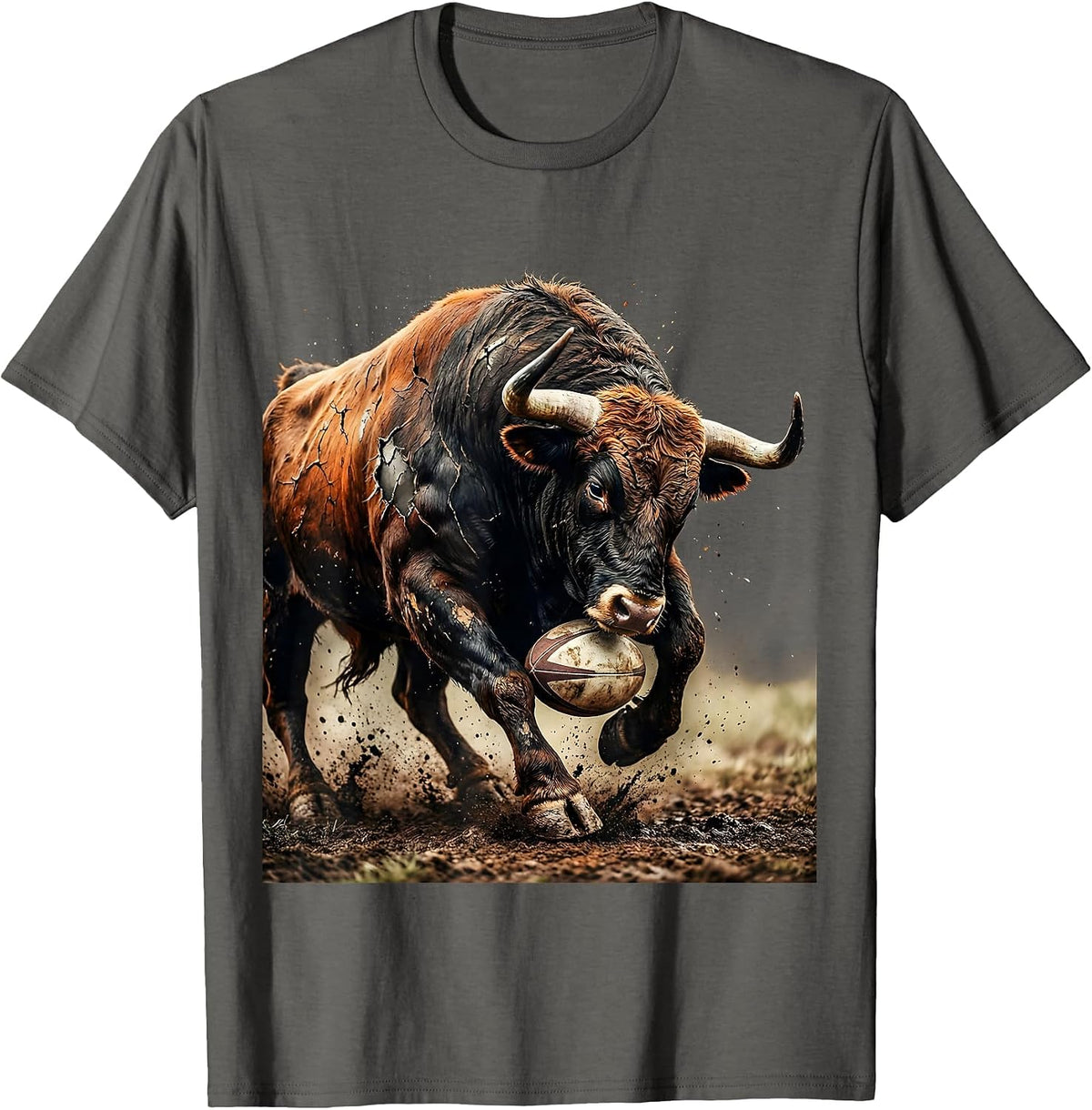 Charging Bull Rugby Player Graphic Tee T-Shirt - Asphalt Grey