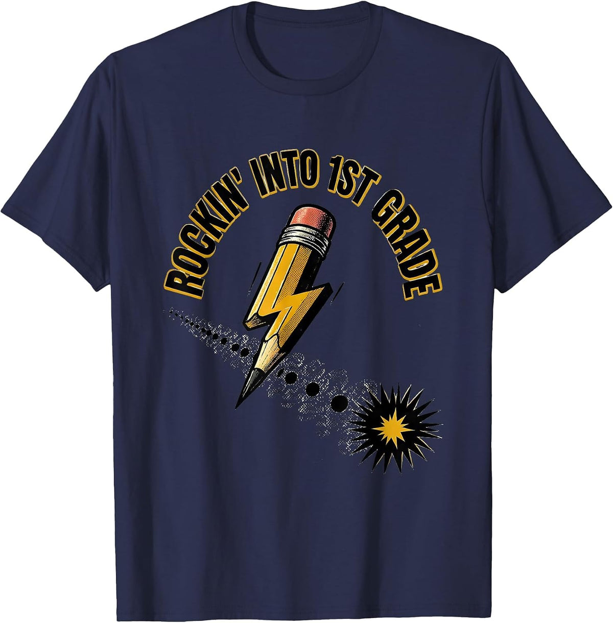 Rockin Into 1st Grade Playful Pencil Rock Music Parody Back T-Shirt - Navy Blue