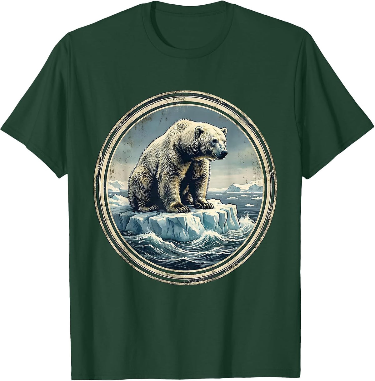 Polar Bear Drifting on Ice Floe Illustration T-Shirt - Dark Green
