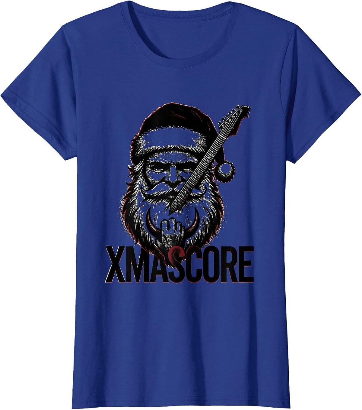 Women's Xmascore Blackwork Dotwork Rock Metal Santa Guitarist T-Shirt - Royal Blue