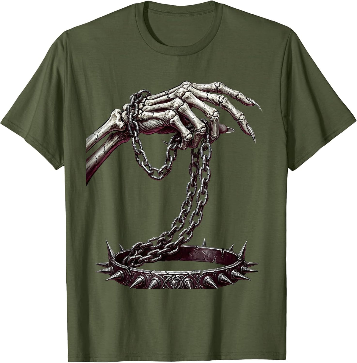 Skeletal Hand Chain Leash Punk Rock Graphic T-Shirt - Olive Green