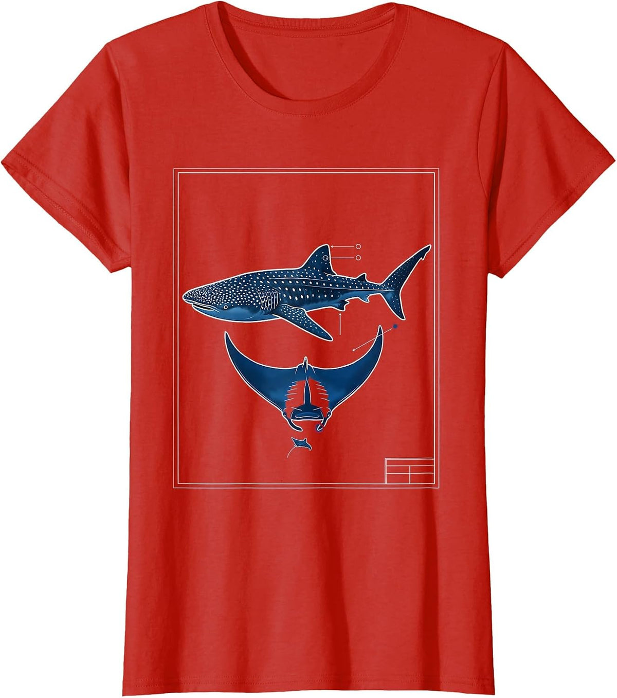 Interlocked Whale Shark Manta Ray Technical Blueprint Ocean T-Shirt - Red