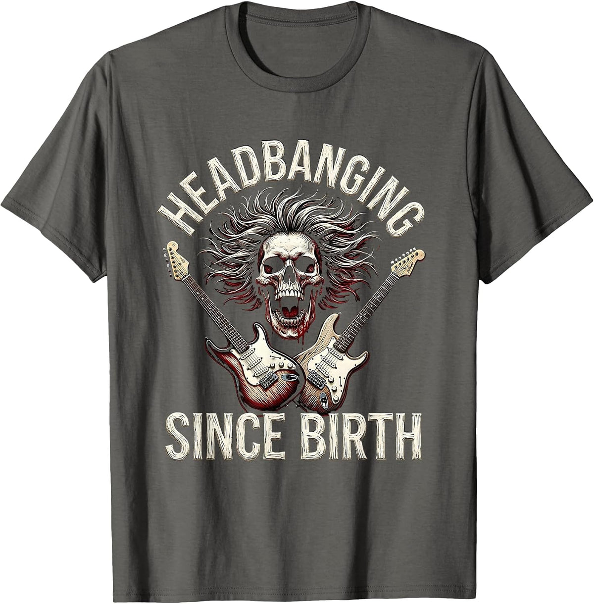 Headbanging Since Birth Rock Band Graphic Design T-Shirt - Asphalt Grey