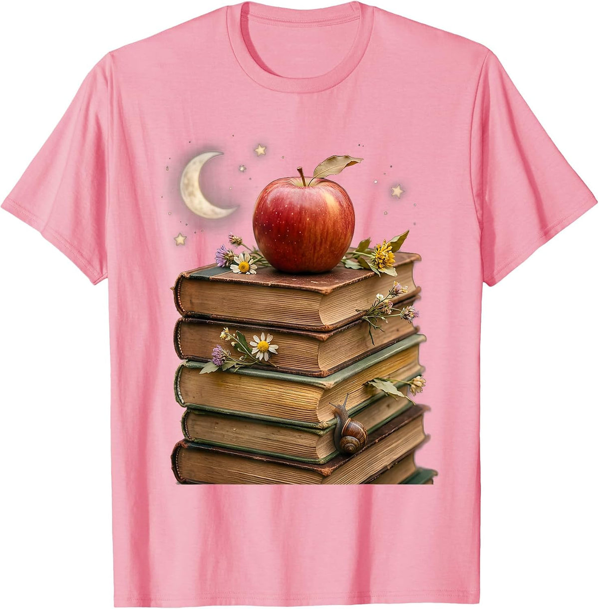 Men's Reading Teacher Stack of Books Apple Illustration T-Shirt - Pink