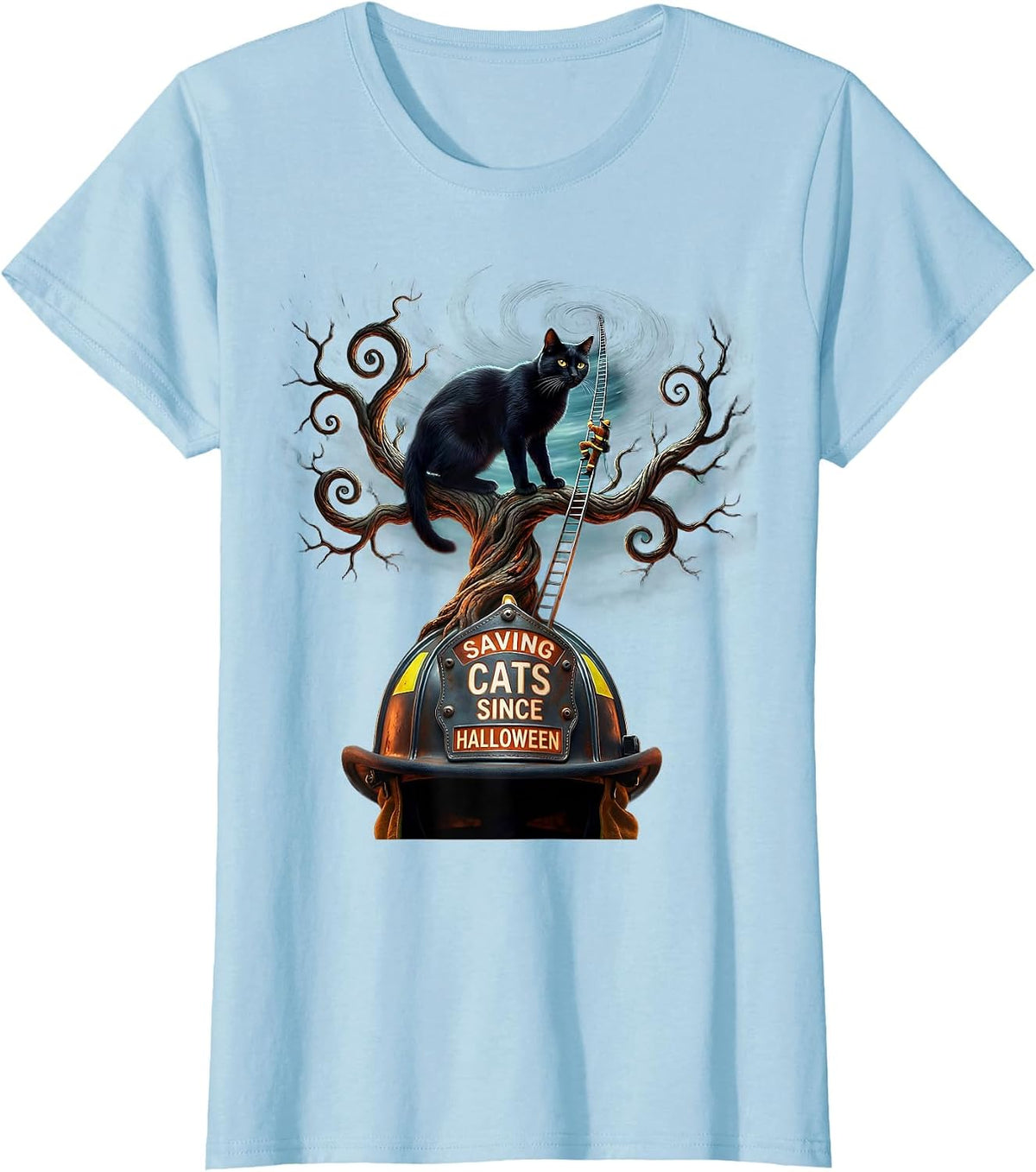 Halloween Firefighter Rescue Cat Design T-Shirt - Baby Blue