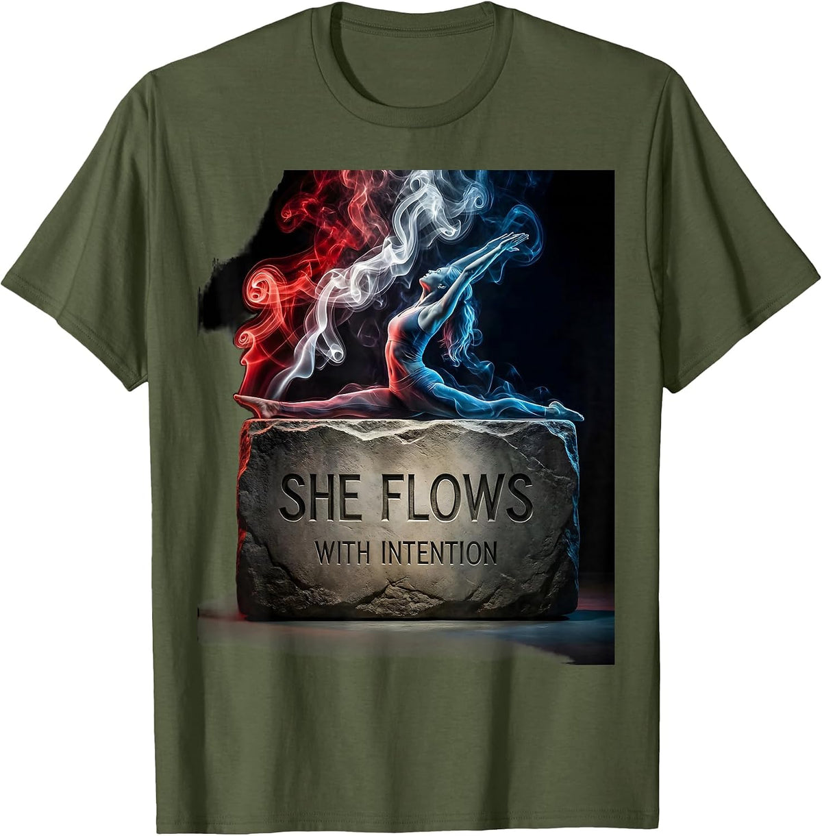 She Flows With Intention Pilates Design T-Shirt - Olive Green