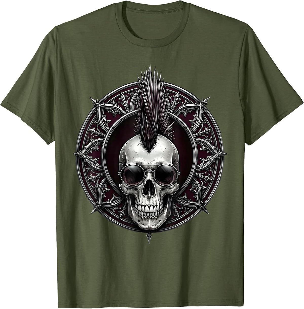 Punk Rock Skull Mohawk Sunglasses Graphic T-Shirt - Olive Green