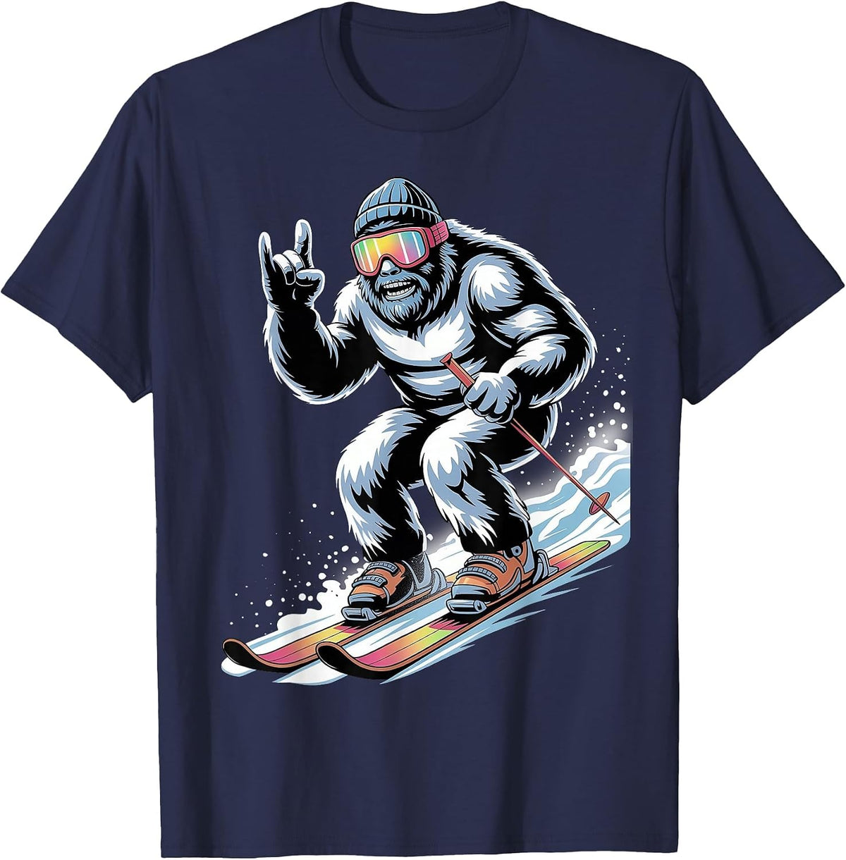 Funny Skiing Bigfoot Ski Winter Sport Snowboarder Skier T-Shirt - Navy Blue