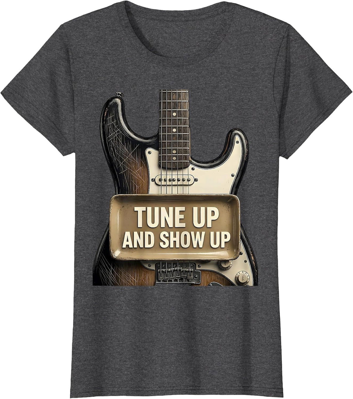 Women's Tune Up and Show Up Motivational Music Design T-Shirt - Dark Heather Grey