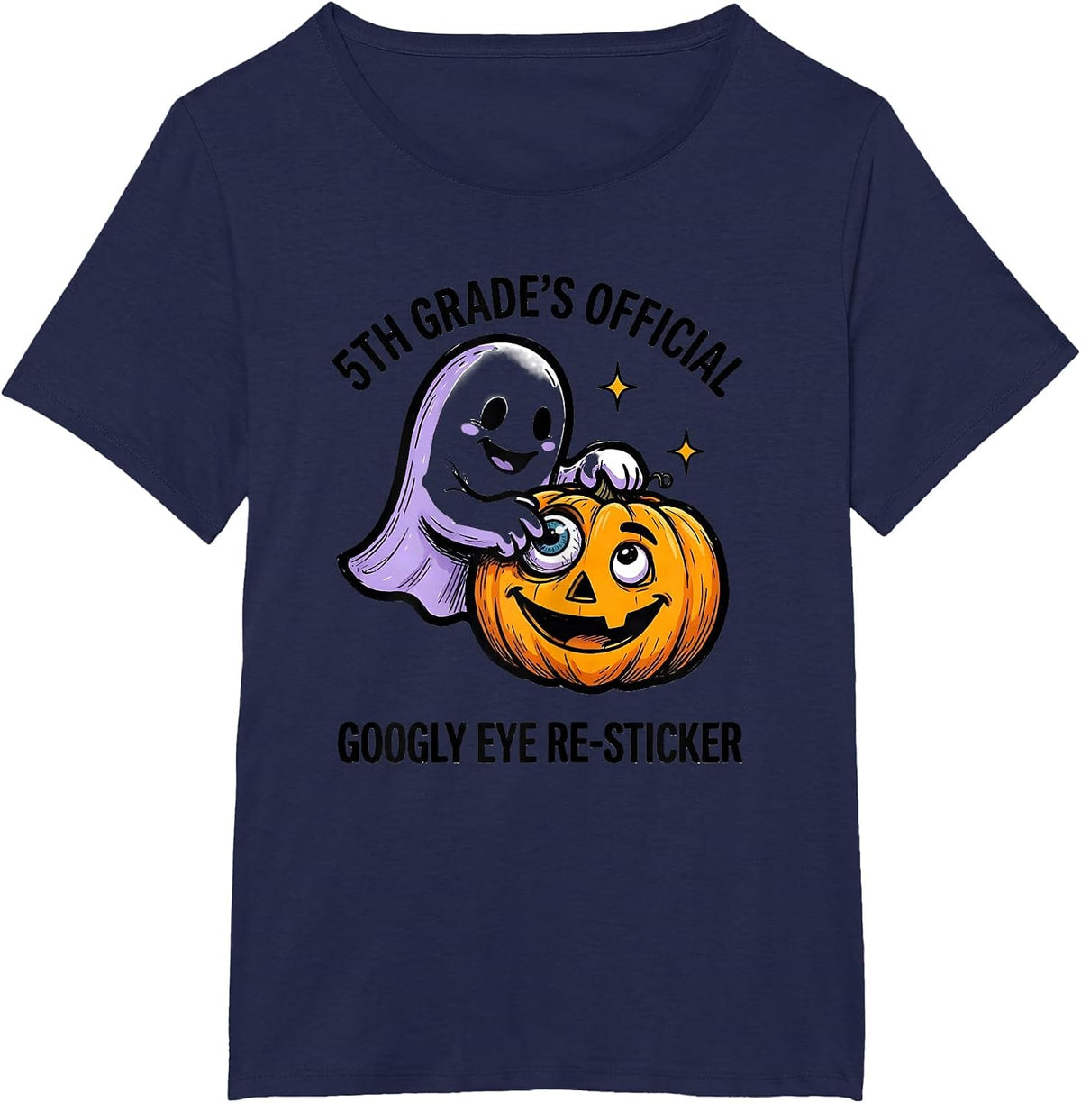 Women's 5th Grade's Official Googly Eye Re-Sticker Halloween Teacher T-Shirt - Navy Blue