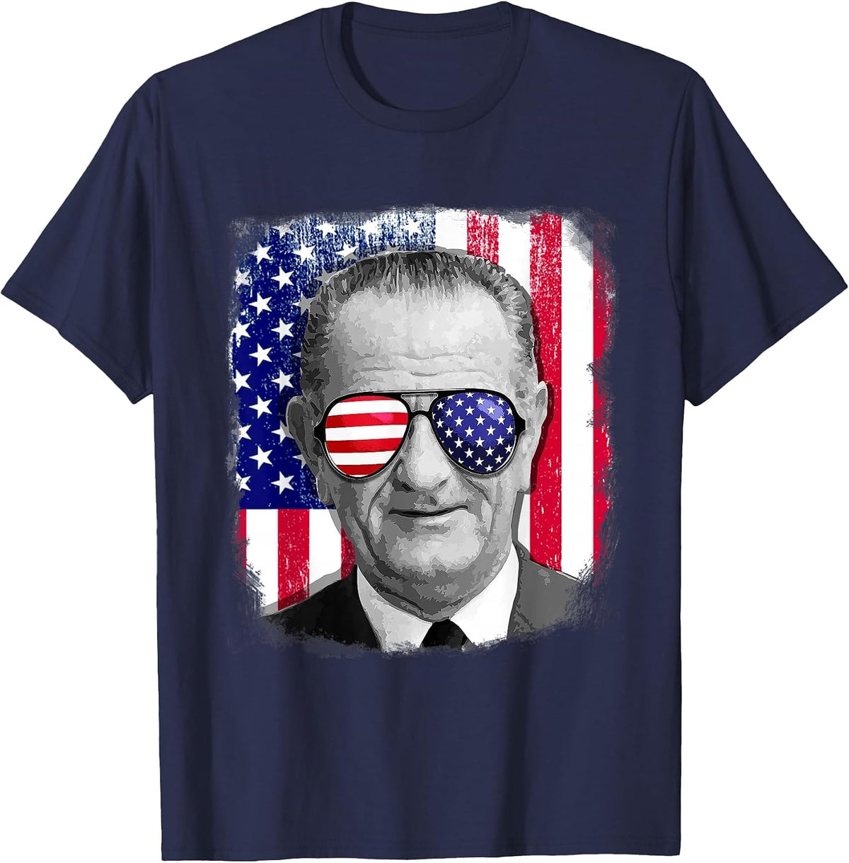 Lyndon B Johnson US Flag Shirt 4th of July T-Shirt - Navy Blue