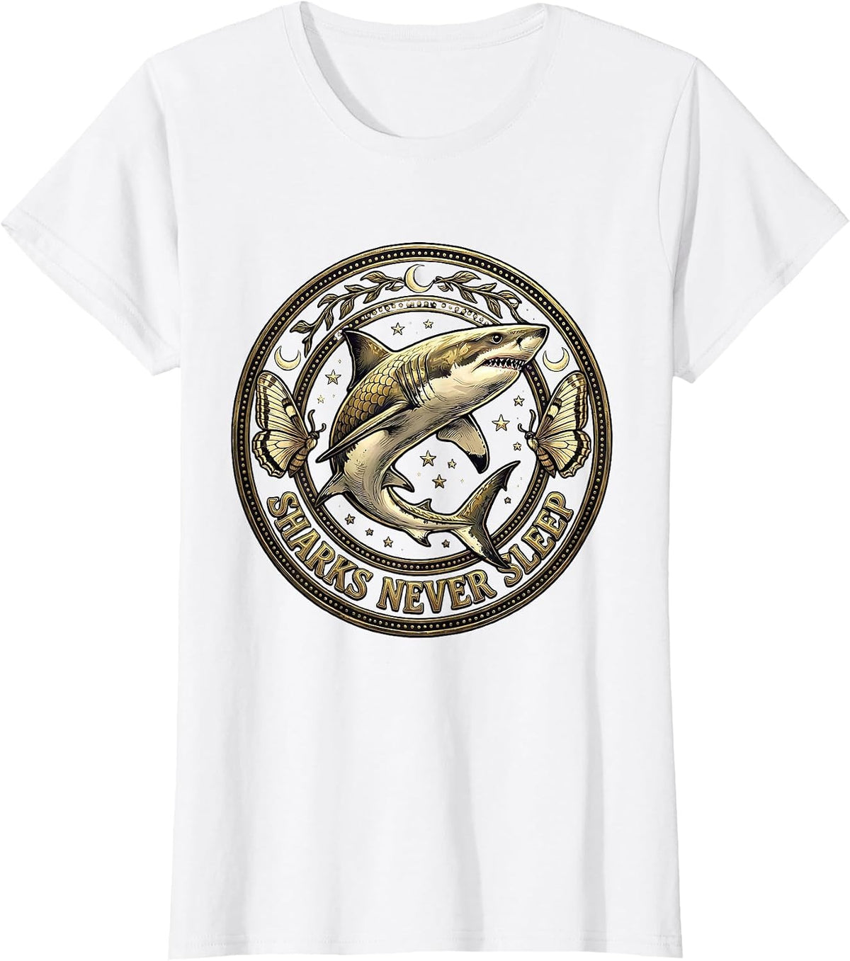 Sharks Never Sleep Ocean Predator Design T-Shirt - White
