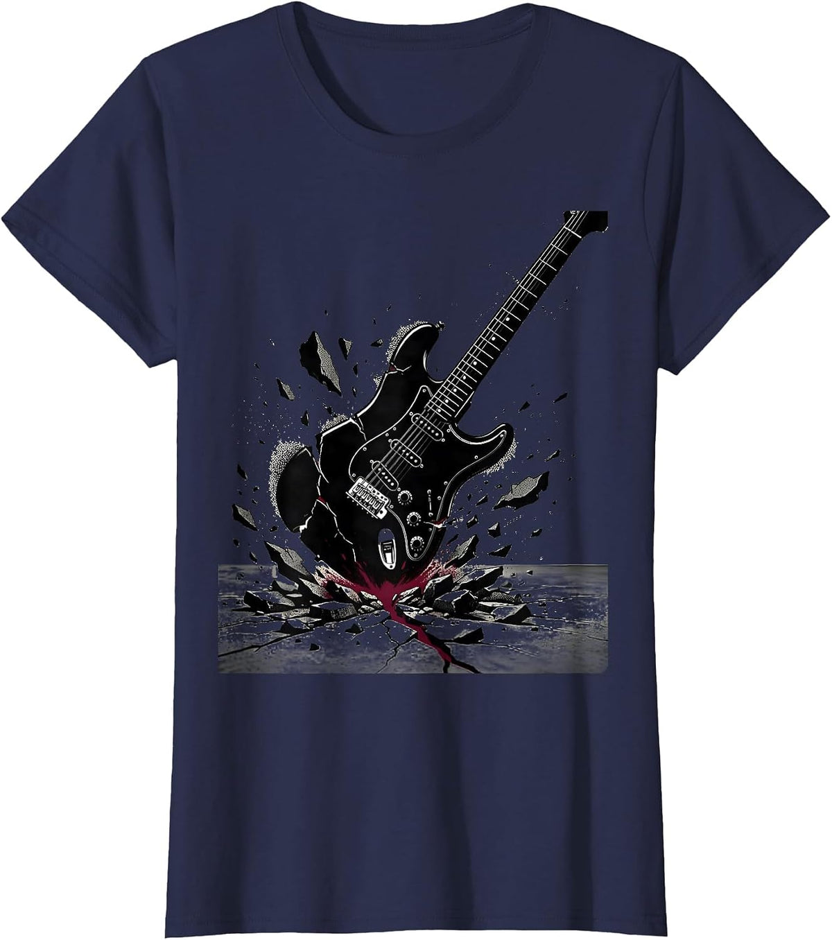 Women's Punk Electric Guitar Smash Graphic Tee T-Shirt - Navy Blue