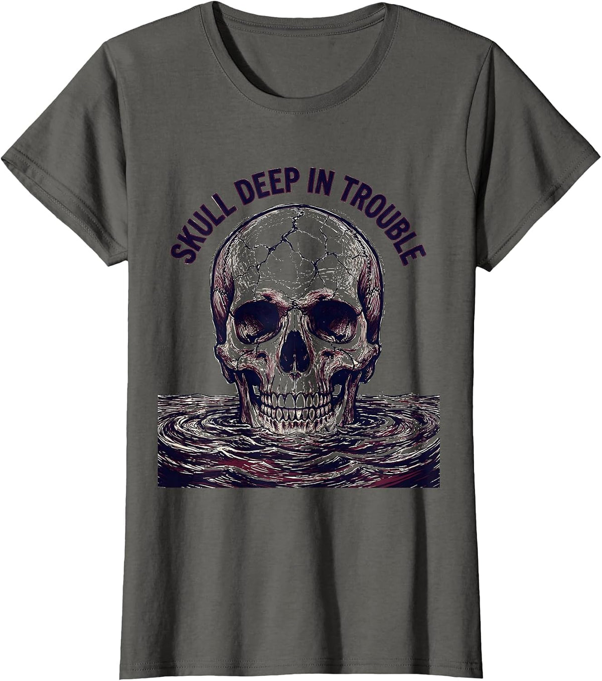 Women's Skull Deep In Trouble Bold Graphic Design T-Shirt - Asphalt Grey