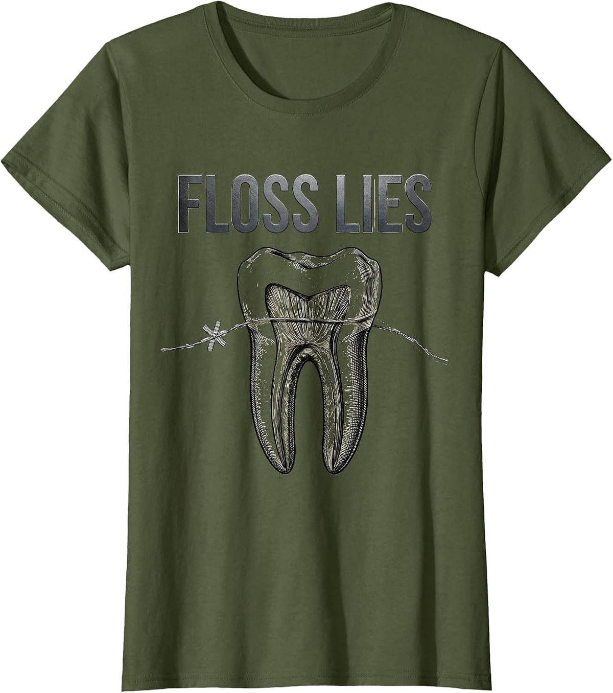 Women's Floss Lies Botanical Dental Hygienist Humor Dental Assistant T-Shirt - Olive Green