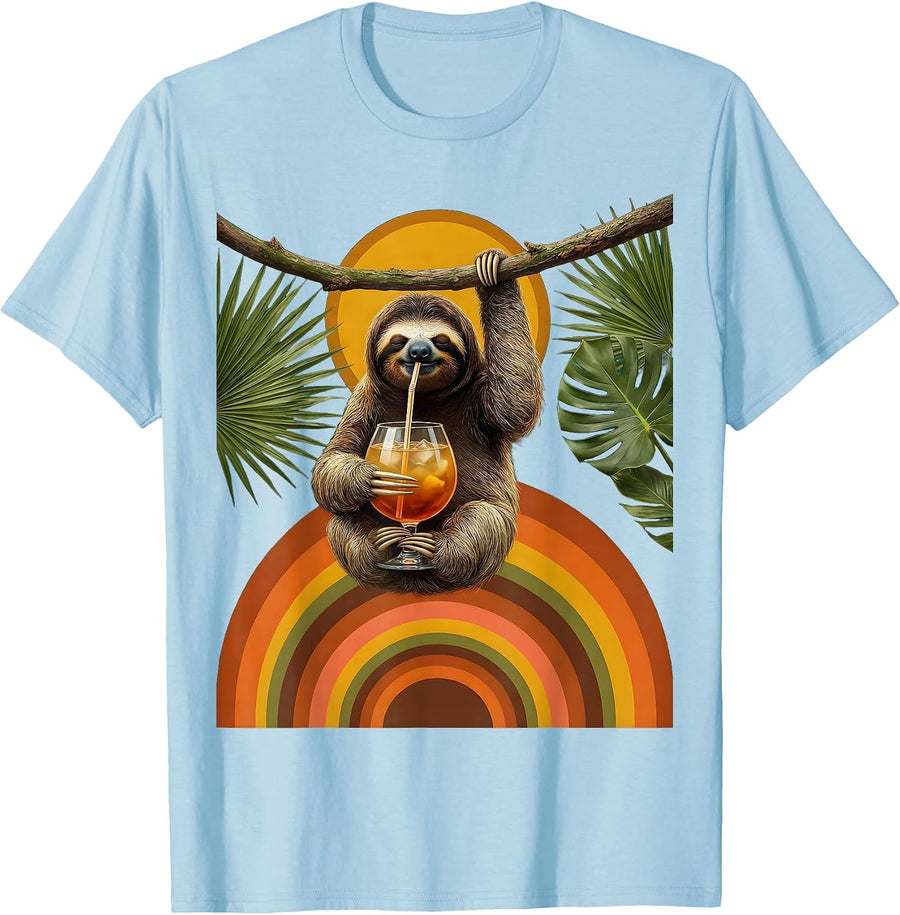 Men's Sloth Sipping Cocktail Funny Drinking Design T-Shirt - Baby Blue