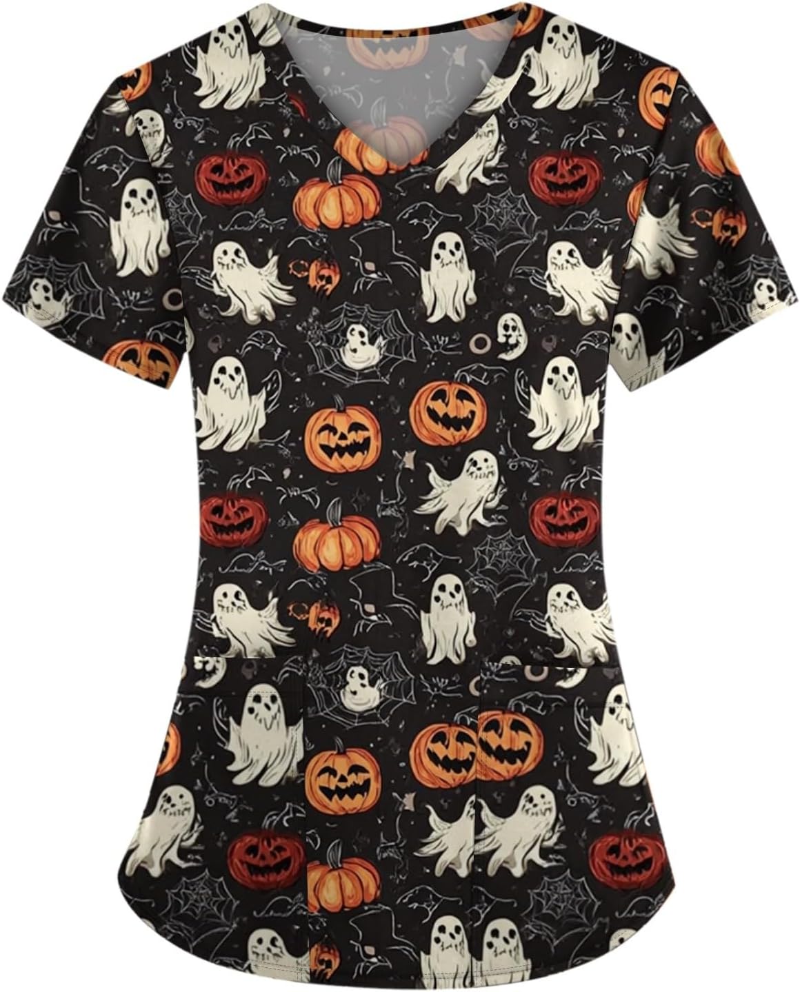 Halloween Scrubs for Women Short Sleeve V-Neck Pumpkin Print Scrub Tops Medical Nursing Uniforms with Pockets - 03-black