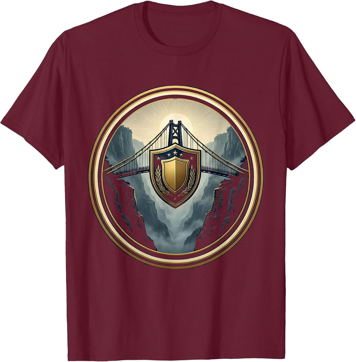 Rope Bridge Over Misty Gorge Freedom Design T-Shirt - Burgundy